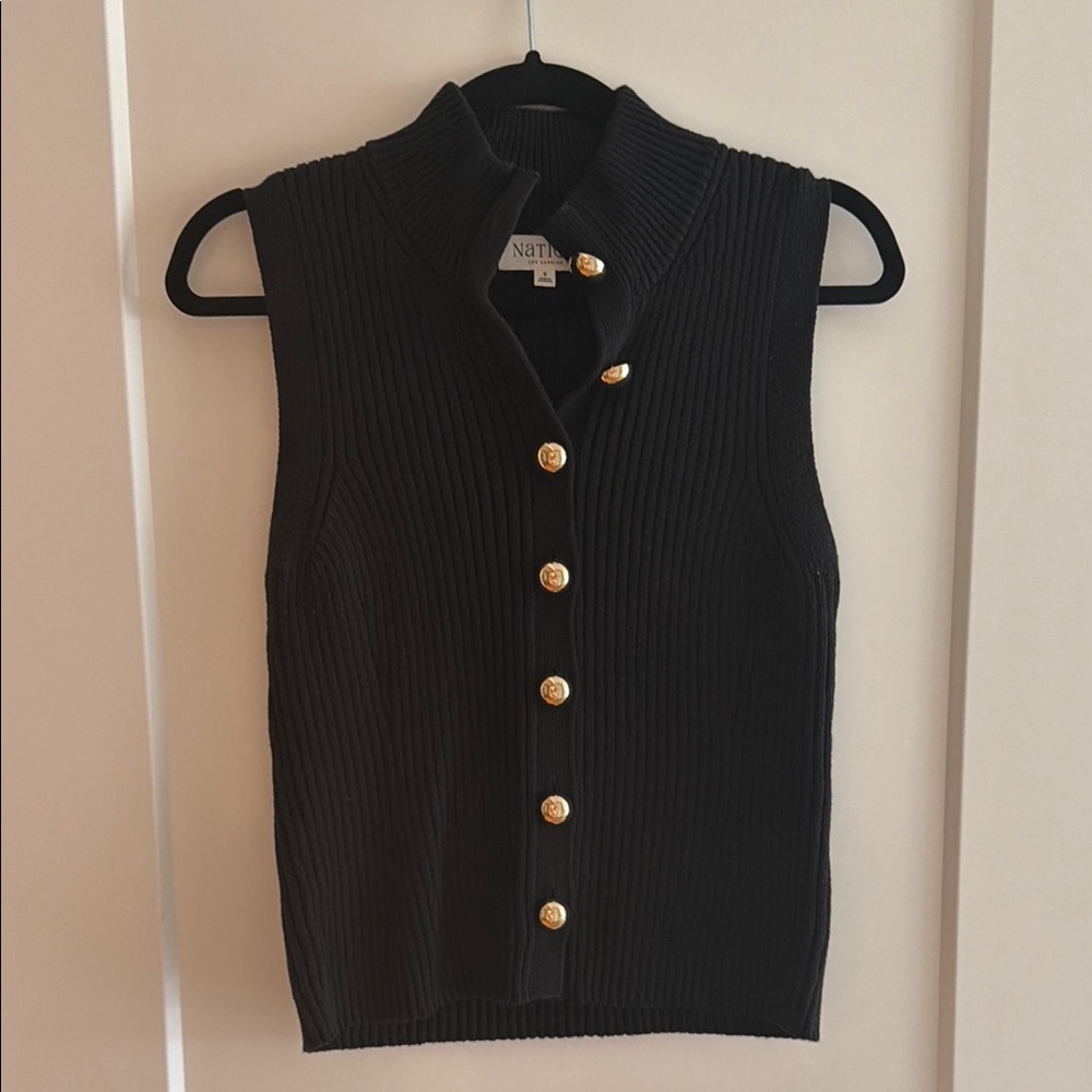 Sleeveless Black Ribbed Knit Vest with Gold Buttons